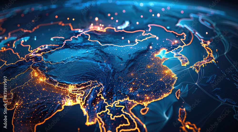 Poster Map of China, illuminated. Generative AI.