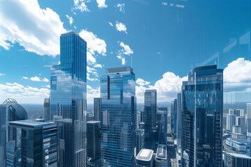Obraz premium Drone View of City Office Buildings Beneath Blue Skies and White Clouds
