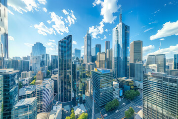Obraz premium Drone View of City Office Buildings Beneath Blue Skies and White Clouds