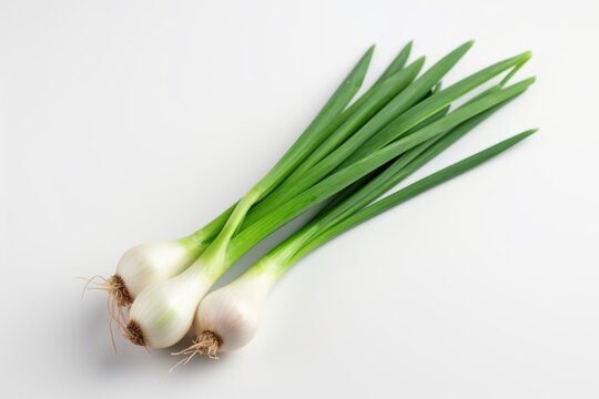 Fresh green onions on white background. Top view. Flat lay.
