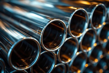 Stack of stainless steel pipes. Ai generative