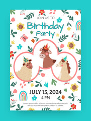 Cute farm animals. Birthday invitation. Children holiday. Kids celebration. Fun party invite. Happy sheep and cow. Cartoon horse with festive hat. Flowers and leaves. Vector banner design template
