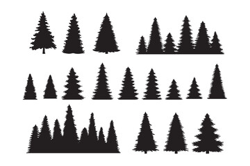 Vintage trees, forest silhouettes set. outline of a coniferous forest. Isolated. 