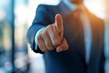 Businessman in suit pressing virtual button or pointing