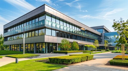 Fototapeta premium Modern and sleek office building exterior with clean lines and architectural elegance, featuring glass facades and contemporary design elements, ideal for business and technology themes, urban develop