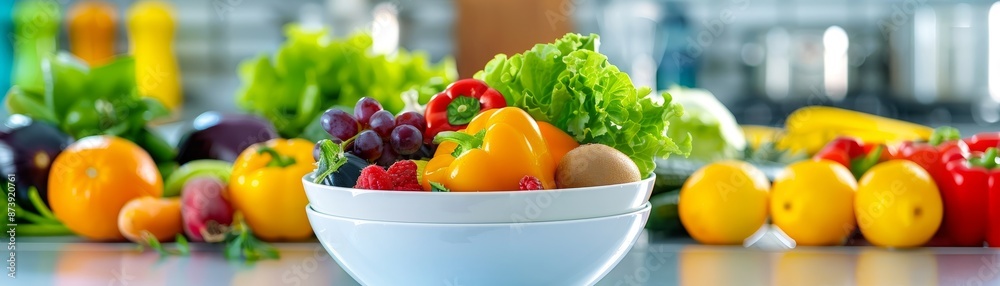 Wall mural fresh, colorful fruits and vegetables in a white bowl on a kitchen counter.