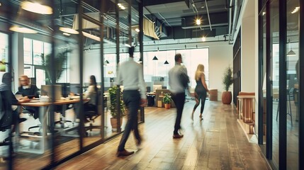 Modern office interior with blurry motion of busy business people walking around, bright contemporary workspace with glass walls, open plan layout, and natural light, ideal for corporate, business, an
