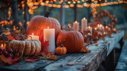 charming barn wedding decor with pumpkins, autumn leaves, and candles brings rustic fall vibes to create a cozy atmosphere, ideal for an autumn wedding