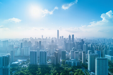 Fototapeta premium Drone View of City Office Buildings Beneath Blue Skies and White Clouds