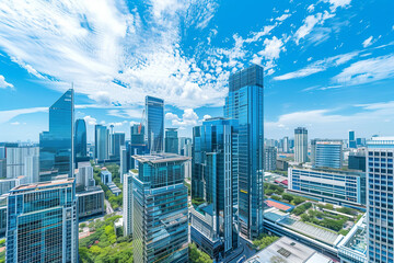 Drone View of City Office Buildings Beneath Blue Skies and White Clouds