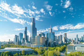 Drone View of City Office Buildings Beneath Blue Skies and White Clouds