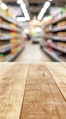 Empty Wooden Table with Blurred Supermarket Background for Product Display, Seasonal Discount and Shopping Spree, High-Resolution AI-Generated Wallpaper