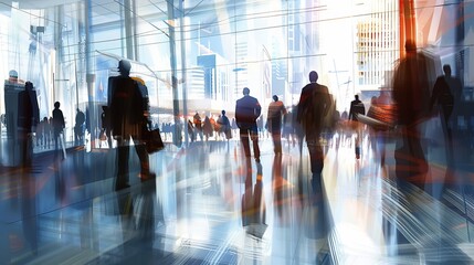 Motion blur of business professionals networking and collaborating at a large conference in a spacious modern building