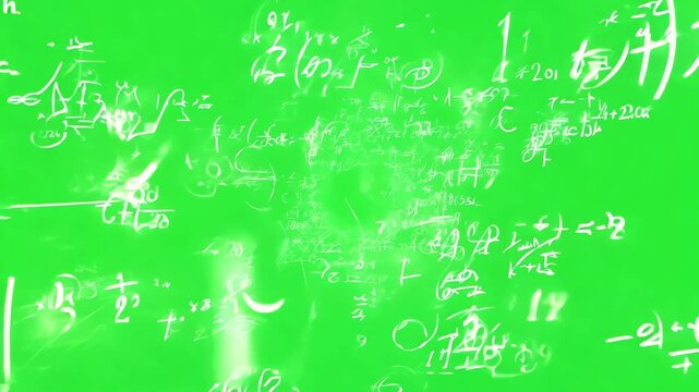 Mathematical formulas on bright green screen background