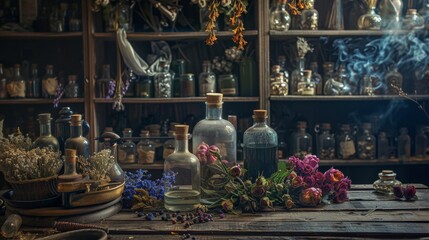 Fototapeta premium Vintage apothecary bottles with dried herbs and flowers