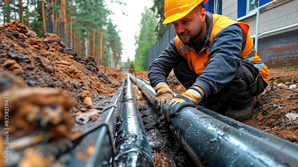 Fototapete Worker Installing Drainage system for the private site. Generative AI.