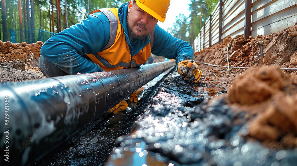 Poster Worker Installing Drainage system for the private site. Generative AI.