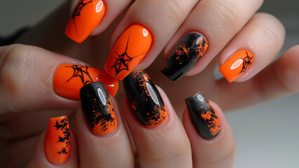 Close-up of Halloween-themed nail art with orange and black designs
