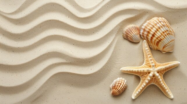 Starfish border with shell on sandy background