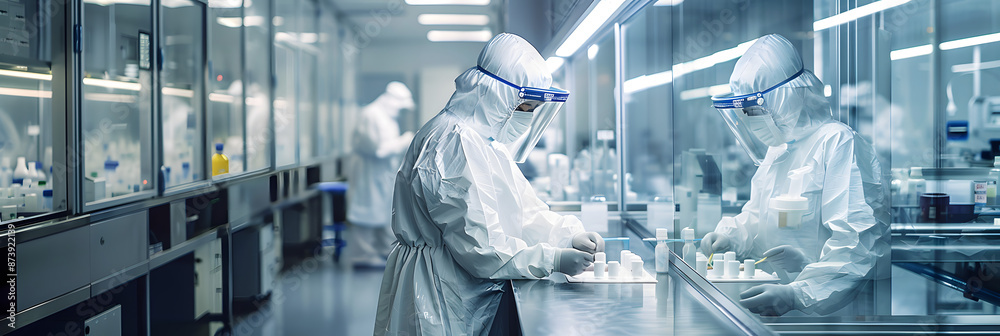 Wall mural Pharmaceutical factory, researchers and workers in protective suits developing new drugs or medicines. Biopharmaceutical lab as imagined by 