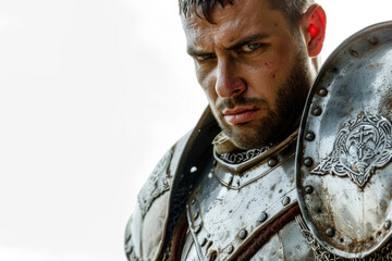 Heroic knight with a determined gaze in shining armor, isolated on white