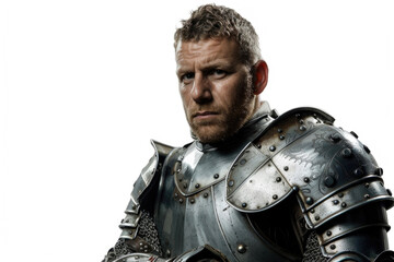 Heroic knight with a determined gaze in shining armor, isolated on white