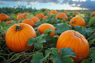 Obraz premium Ripe Pumpkins Growing in a Field on a Cloudy Day