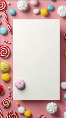 Vertical postcard with sweets and a blank sheet with space for text.