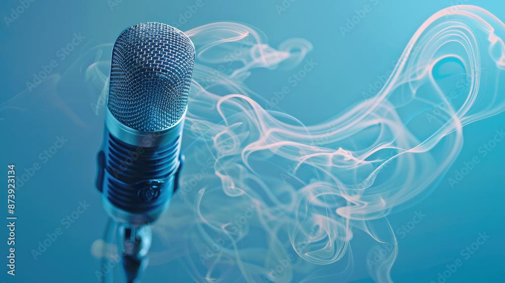 Aufkleber Microphone, Dynamic microphone with flowing waveforms on a baby blue background. Generative AI.