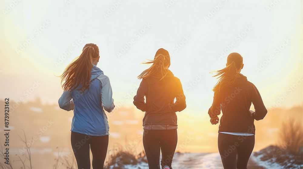 Poster Woman, Teenage friends jogging together. Morning light. Generative AI.