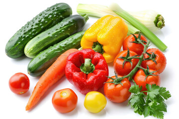 A colorful mix of fresh vegetables arranged on a white background