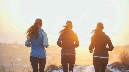 Fototapeta premium Woman, Teenage friends jogging together. Morning light. Generative AI.