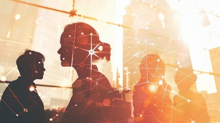 Business network background with business people silhouettes working in modern office setting, featuring double exposure and network effects for professional collaboration and digital communication co