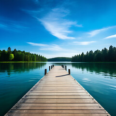 Fototapeta premium Wooden pier extending into calm lake under blue sky 