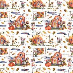 Cartoon autumn pattern with pumpkin houses, autumn leaves, flowers, cute little mice. Background with hand-drawn illustrations. Fairytale background.