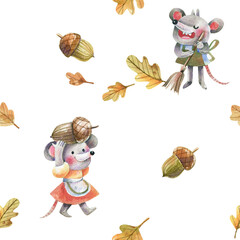 Cartoon seamless pattern with autumn leaves and white mice in autumn activities. Watercolor illustration cartoon autumn background.