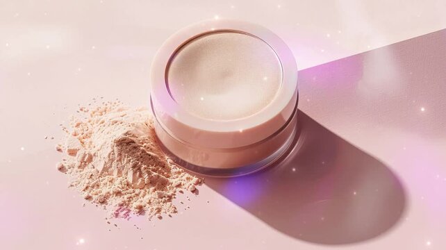 powder and brush. A box of loose powder, round clamshell boxlight anocompact,light pink background