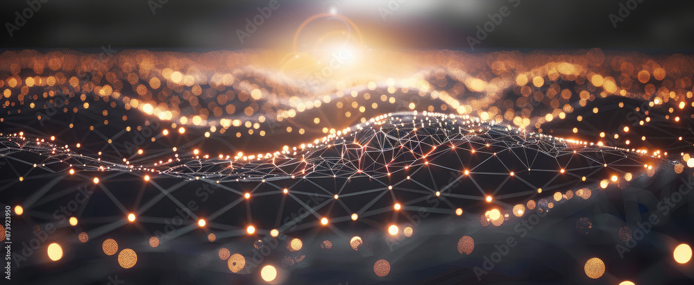 Poster A network of glowing connections forming an abstract background, symbolizing the interconnectedness and complexity of digital networks in a futuristic technology concept. Generative AI.