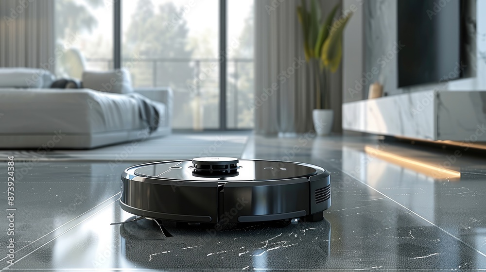 Poster Black robot vacuum cleaner in front of minimalist background. Generative AI.