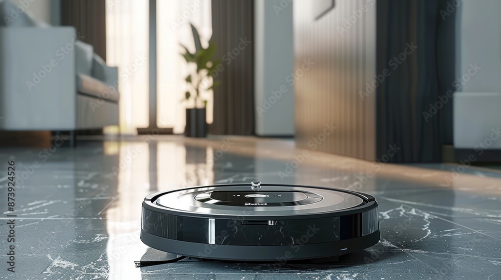 Poster black robot vacuum cleaner in front of minimalist background. generative ai.