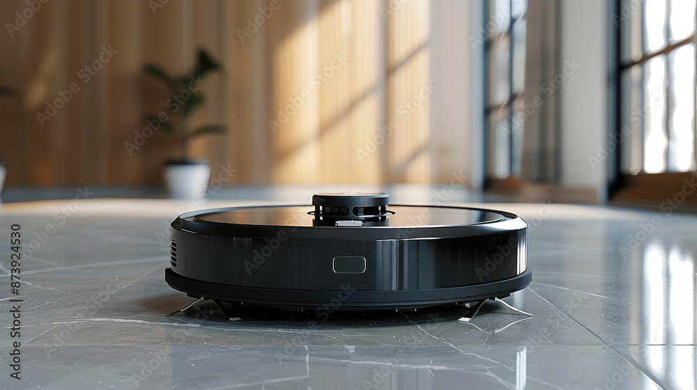 Aufkleber black robot vacuum cleaner in front of minimalist background. generative ai.