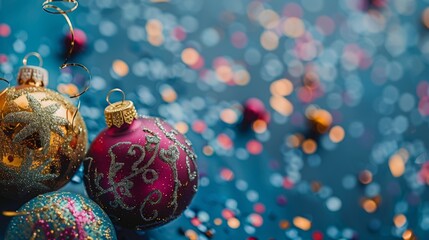 Festive Season: Pine Branches and Blue Ornaments