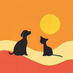 Minimalist Sunset with Dog and Cat