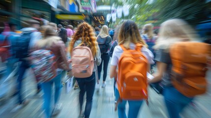 Naklejka premium back-to-school rush, blurred image captures students in motion, laden with backpacks and books, embodying the fast-paced university life at the start of the academic year