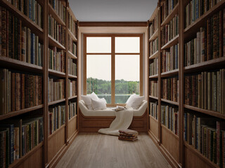 Reading room in old library or house.Big window and soft seat.3d rendering