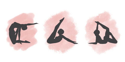 Silhouettes of gymnasts on watercolour textures 
