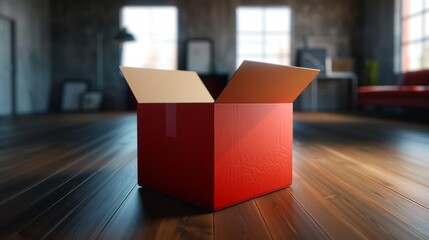 Red cardboard moving box with open lid, shipping label, and fragile handle in transportation environment – ideal for freight, packaging, and delivery of merchandise