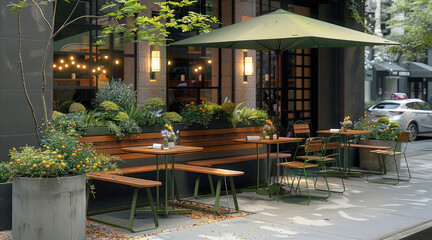Outdoor seating areas, outdoor cafe tables with wooden bench tops and metal frames in black color, green umbrella frames, flower pots with plants and concrete planters. Generative AI.