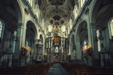 Obraz premium Stunning baroque church interior with intricate architectural details, ornate frescoes, and elaborate decor