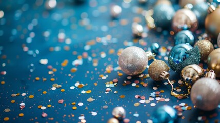 Festive Season: Pine Branches and Blue Ornaments